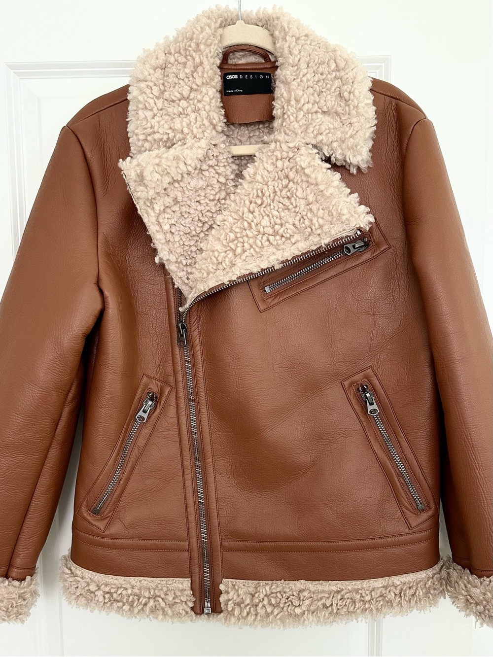 Brown Faux Leather Shearling Oversized Fall Aviator Moto Jacket